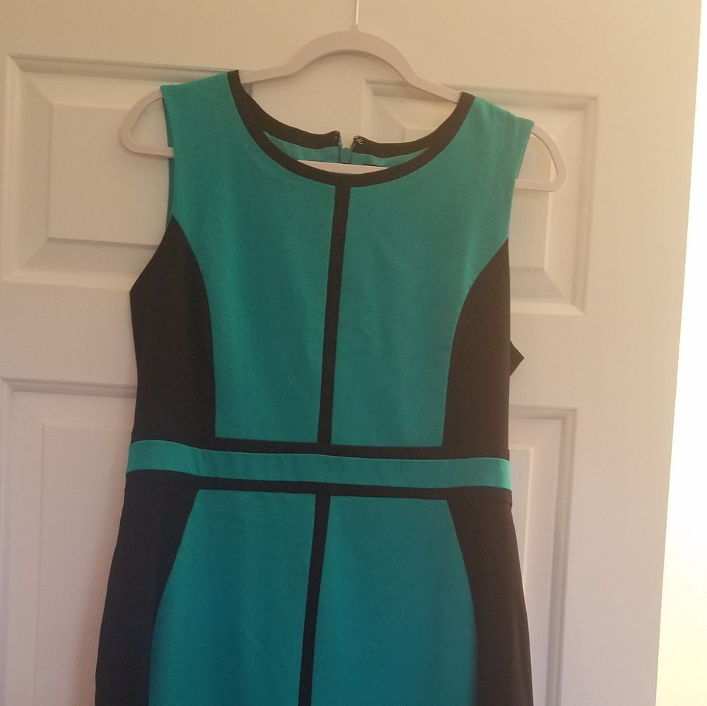 Turquoise and black color block dress